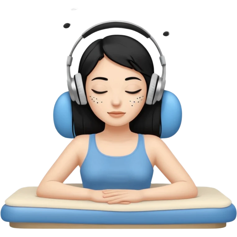 A stylized young woman with black hair lying on a massage table, relaxed, wearing headphones, small musical notes around the head. Flat vector style, thick black outline, simple palette (warm beige-brown tones + accent blue), clean background, high legibility at small size. 72x72, square, vector. emoji