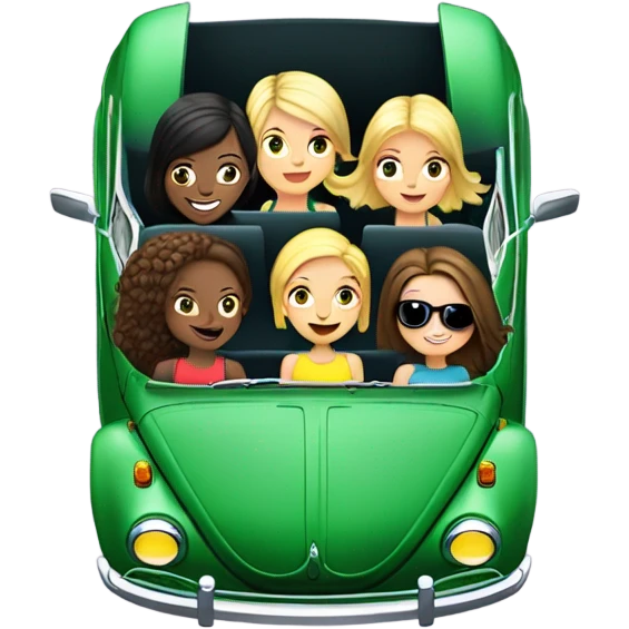 Two Caucasian blonde girls plus two Caucasian brunette girls in a green VW beetle convertible emoji