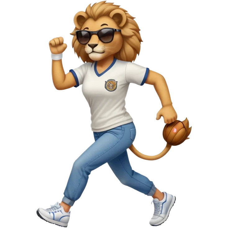 friendly anthropomorphised female lion wearing a baseball shirt, jeans, trainers, dark sunglasses, jogging upright, dominant confident expression emoji
