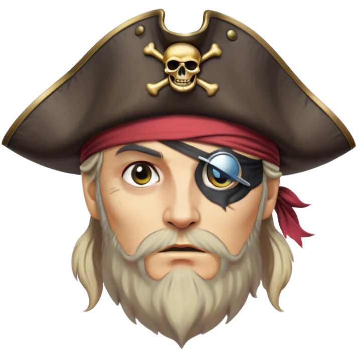 Clash of Clans aesthetic friendly Pirate Portrait Emoji, With a rugged yet stylized build featuring a weathered tricorn hat, a bold eye patch, and a determined, adventurous gaze, his face rendered in a natural skin tone (not yellow), Simplified yet sharply defined features, highly detailed, glowing with a cool, briny radiance, high shine, intelligent and daring, stylized with an air of swashbuckling nautical authority, focused and resolute, soft glowing outline, capturing the essence of a confident pirate ready to set sail on epic adventures! emoji