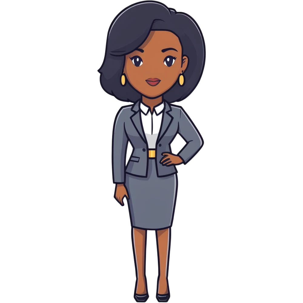 Dynamic African career woman with sleek long black hair, modern business outfit, competent and assertive expression emoji