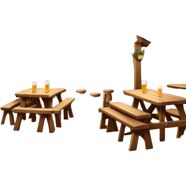 Cinematic Realistic Biergarten Pop Culture Emoji, showcasing a charming outdoor beer garden scene rendered with rustic details and inviting, soft lighting. emoji