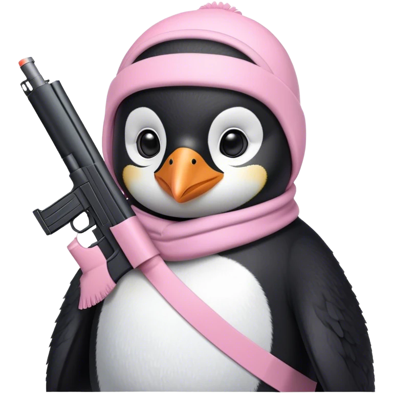 penguin wearing light pink ski mask holding a light pink gun emoji