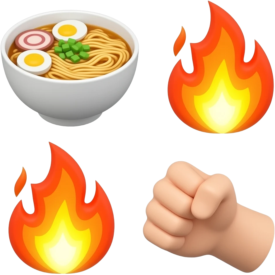 3D cute anime-style icons of ramen bowl, fist punch, and fire flames, vibrant colors, soft lighting, glossy material, centered composition, clean white background, minimal but high detail, modern UI style, consistent design, high quality render emoji