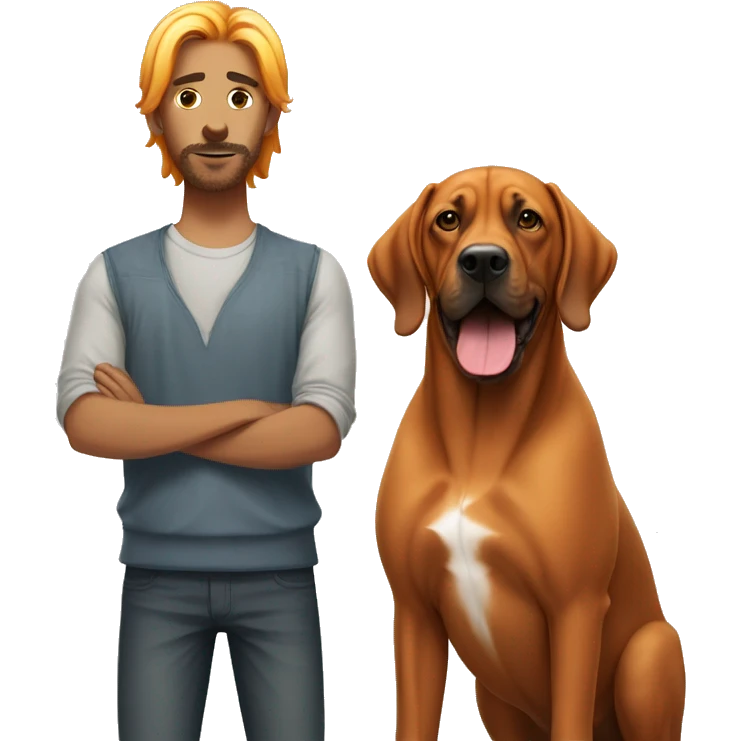 white male with long rainbow colored hair standing alongside a brown rhodesian ridgeback emoji