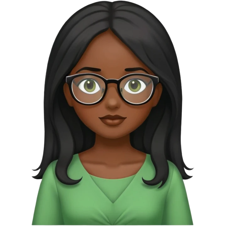 Genera a una chica morena de piel con pelo negro y largo y lentes con vestido verde. emoji