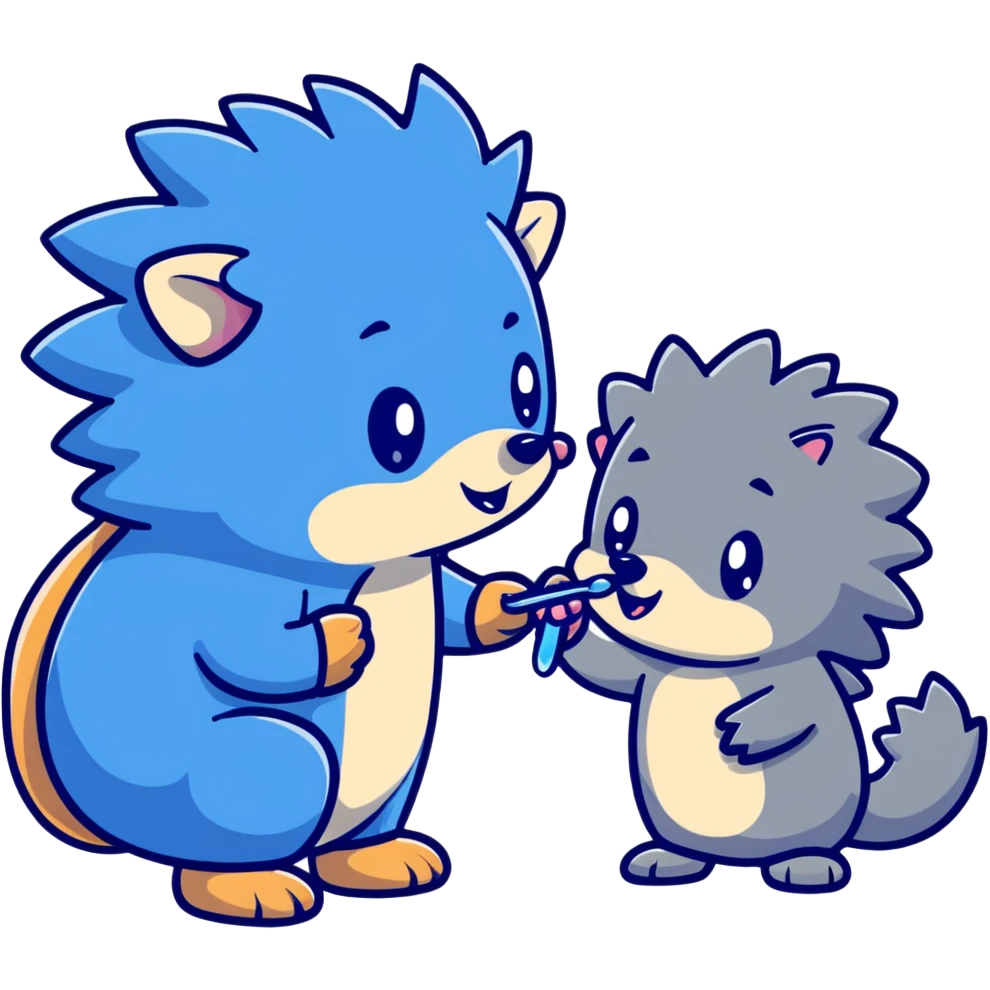 Cute blue hedgehog and silver hedgehog brushing teeth in bathroom emoji