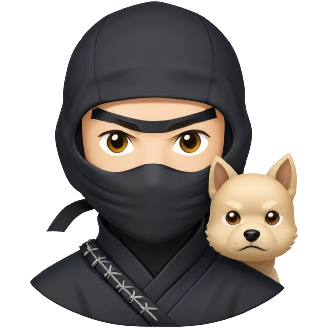 clash-of-clans-aesthetic_-cinematic-mysterious-male-ninja-portrait-emoji, rendered in a flat, vector-style with minimal shading and bold, simplified shapes,   with a head slightly turned revealing intense, focused eyes. the ninja is accompanied by a Ninken dog emoji
