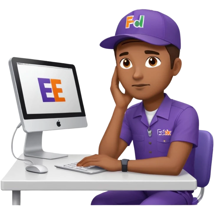 emoji of a man sitting at the table with an imac on it, a man is sitting in a very thoughtful pose, he has his hands on the table and his head resting on themб he look into the screen of imac, he is dressed in FedEx delivery uniform emoji