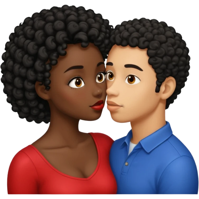 A dark skin woman with a light skin man who has black short curly hair kissing  emoji