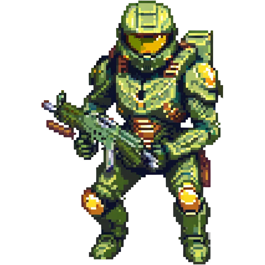 Master Chief, Halo, crouched with assault rifle, green armor, reflective gold visor, action pose, pixel art style emoji