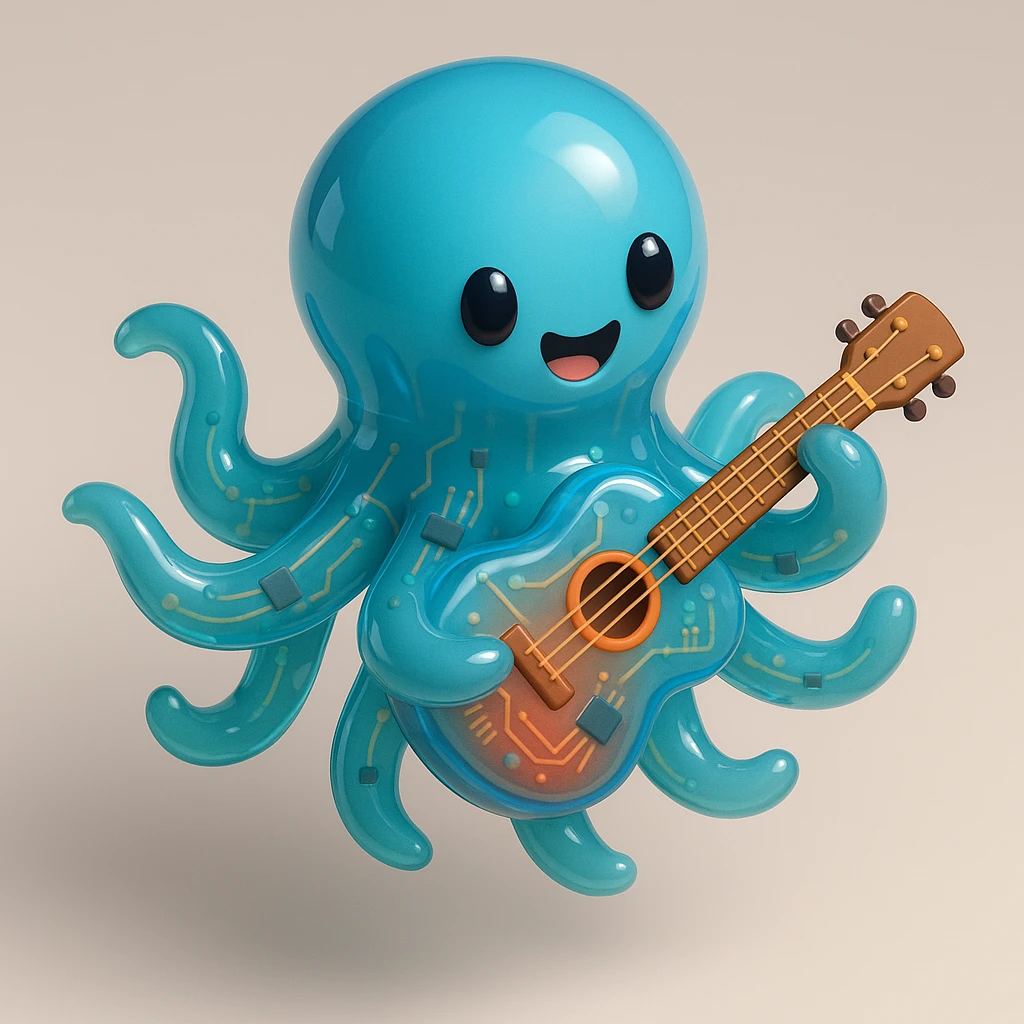 happy octopus with multiple arms playing guitar emoji