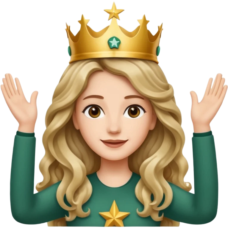 Apple style 3D emoji of a young woman inspired by the Starbucks logo. She has long wavy hair on both sides, a crown with a star on her head, arms raised upward like in the Starbucks logo, with a calm smile. Smooth, shiny, simple emoji look. emoji
