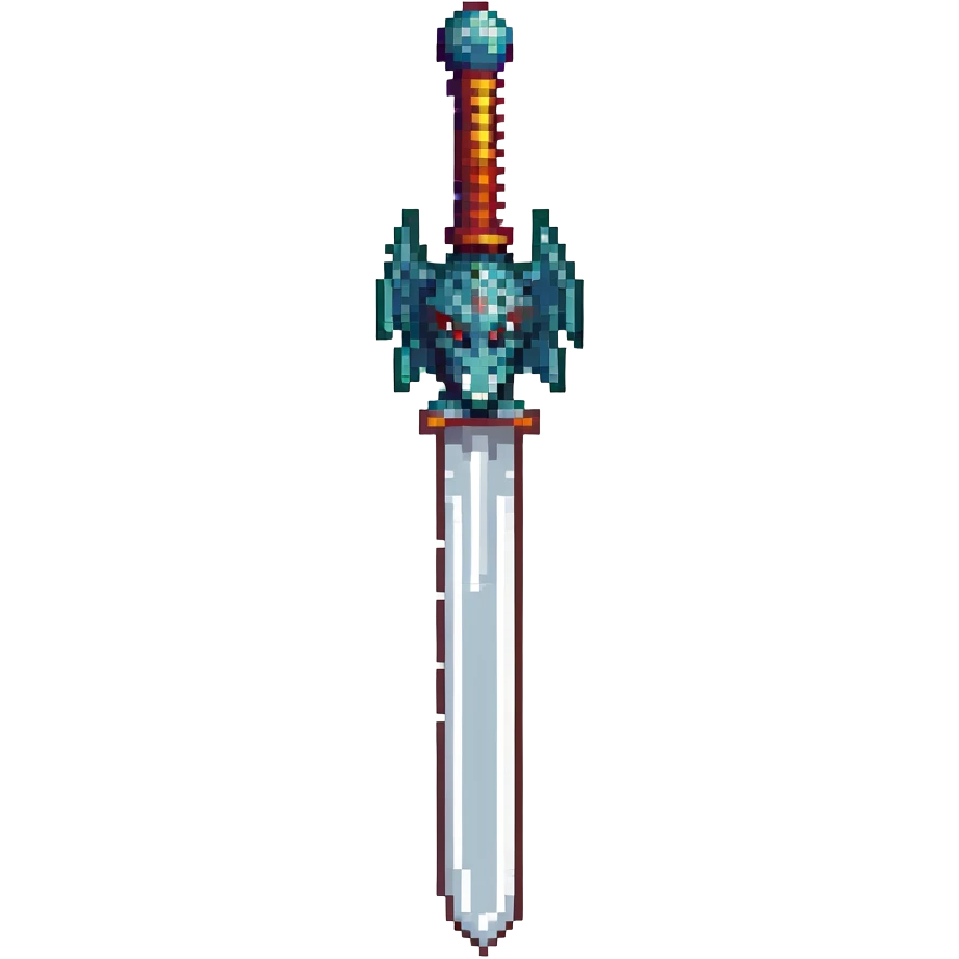 Add a dragon motif to the sword in pixel art style. The dragon design should be on the hilt or blade with no background, keeping pixel art aesthetics and clarity. emoji