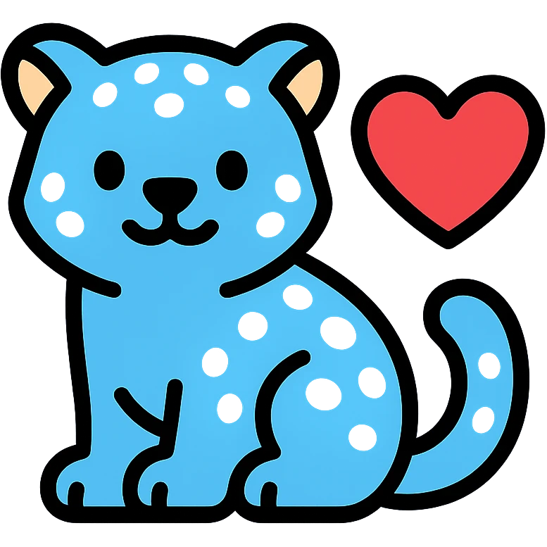 snow leopard with blue fur, white spots, and a heart emoji