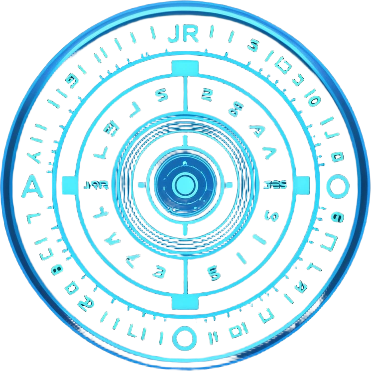 A circular blue holographic interface made of concentric rings, glowing tick marks, and data arcs, with the text “J.A.R.V.I.S.” centered, resembling a futuristic digital HUD floating in space. emoji