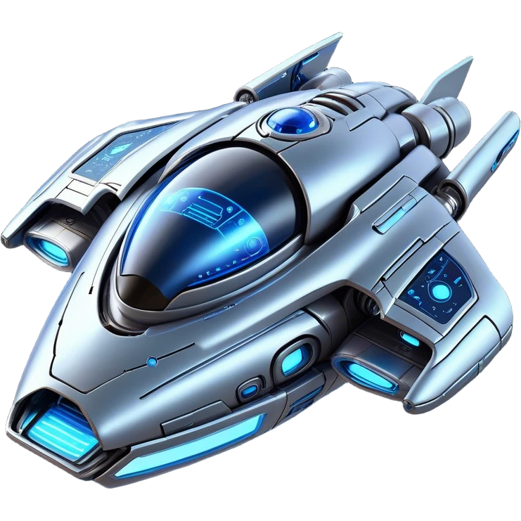 Design a highly detailed and futuristic spaceship with a realistic and technologically advanced appearance. The ship should have an aerodynamic yet robust structure, featuring shiny metallic panels, glowing blue neon lights, and intricate mechanical details. Incorporate elements that suggest a 'face' or expression, such as a 'visor' or 'mask' on the front, with lights resembling eyes and a shape that evokes a smile or friendly gaze. The spaceship should convey a sense of artificial intelligence, as if it were a conscious entity. Add organic design touches, like smooth curves and details that suggest movement or life. The background should be outer space, with stars and a distant planet illuminated by soft light. emoji