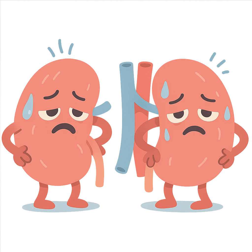 cartoon kidneys with stress lines and sweat, holding their sides, tired eyes, soft blue and pink tones, medical style emoji