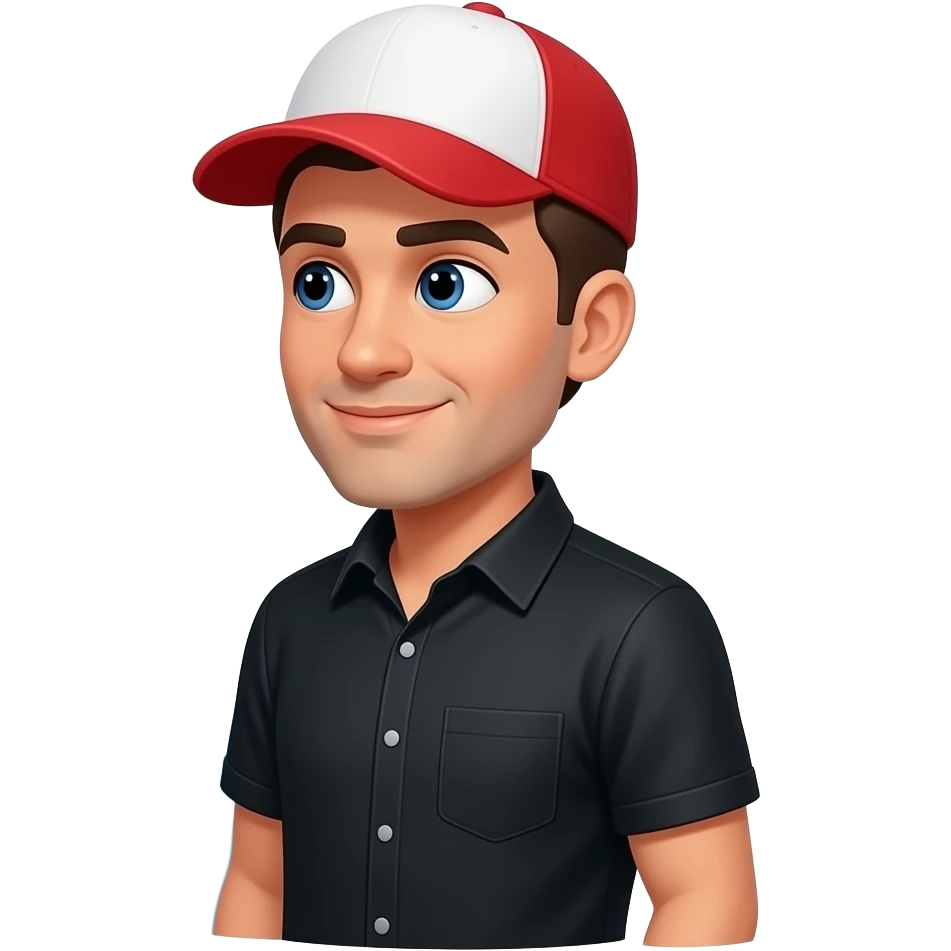 a guy with  a red and white hat on with a black shirt looking into the river at a fish he lost swimming away emoji