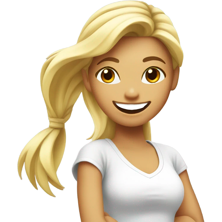 Blond girl smiling in with Zumba logo on white t-shirt emoji