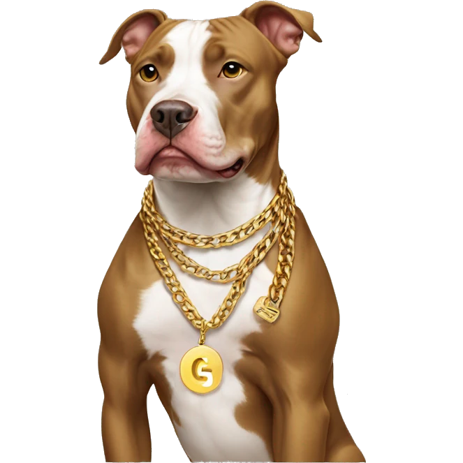 A dog pitbull and wearing big gold chain on that says G pendant  emoji