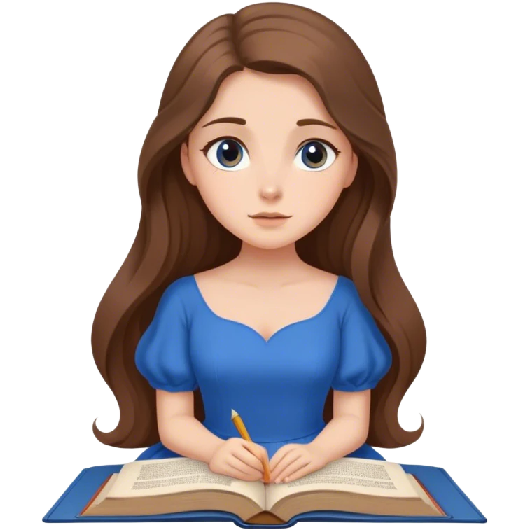 Cinematic Elegant Belle Portrait Emoji, Sitting with an open book, eyes dreamy with thought, her iconic blue village dress draped gracefully, exuding intelligence, kindness, and timeless charm! emoji