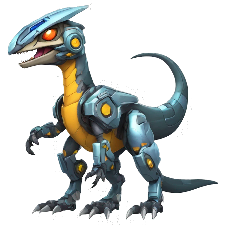 Colorful Edgy Greymon-Velociraptor-Genesect-Fakémon-Pokémon wearing a with a futuristic helmet And Mecha-suit Full Body emoji