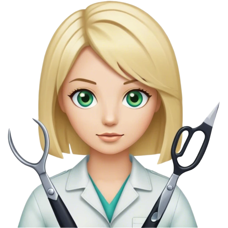 Hair stylist with blonde bob hair and blue green eyes holding scissors  emoji