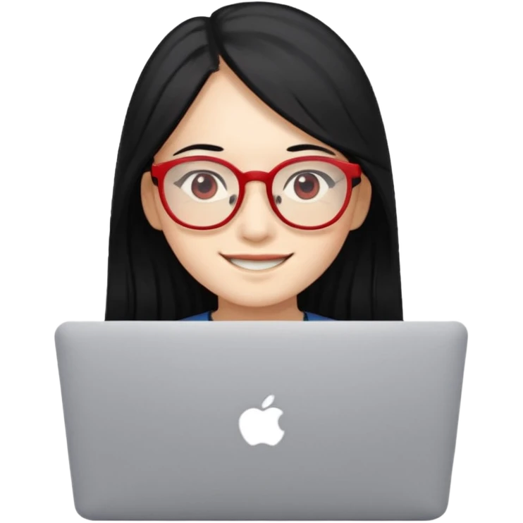 filipino long hair black fair skin with red eyeglasses freelancer with MacBook, smiling. emoji
