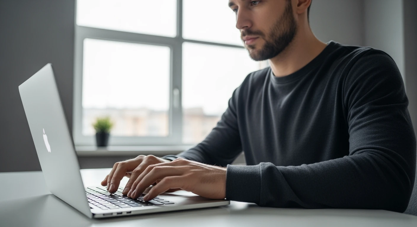 Cinematic still,Man Point of view, Man writing on macbook pro keyboard, minimalistic environment emoji