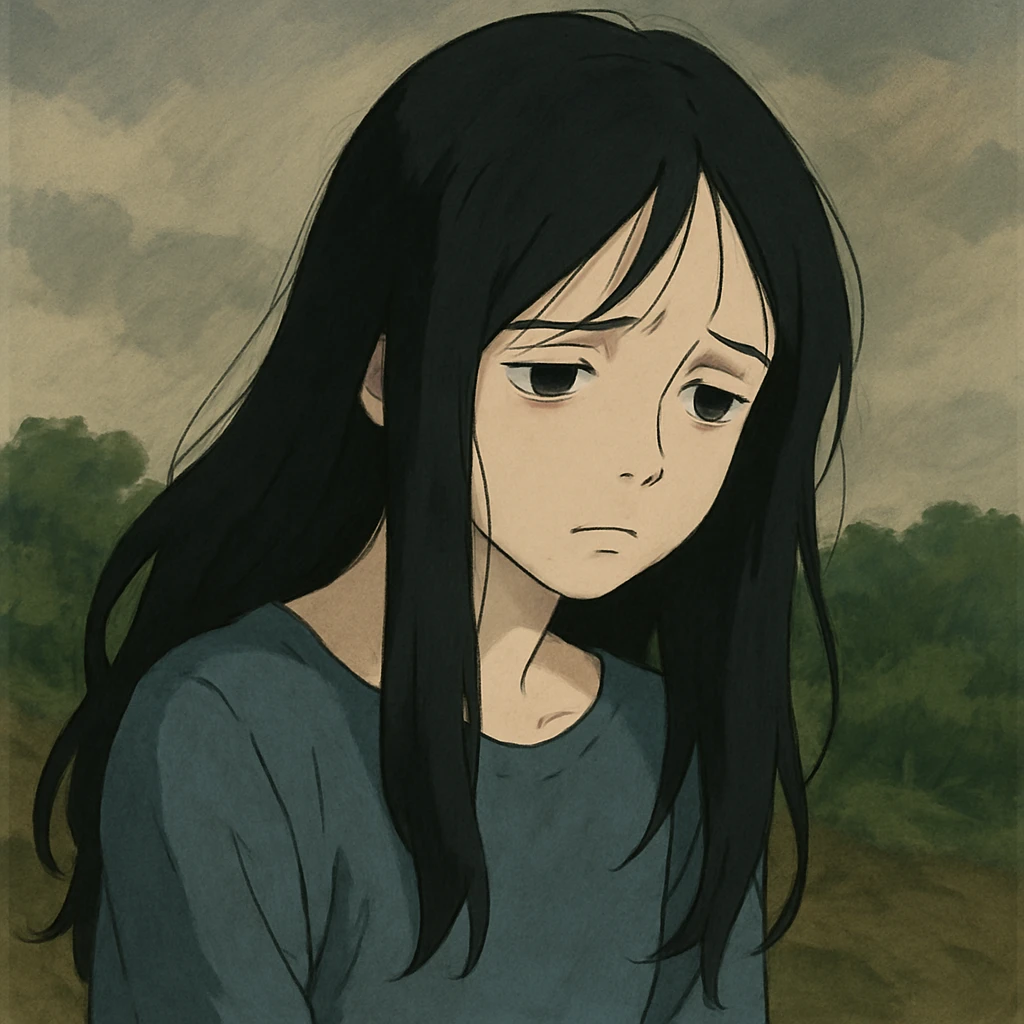 pale girl with long black hair, sadness, emotional, stylized, ghibli style artistic interpretation emoji