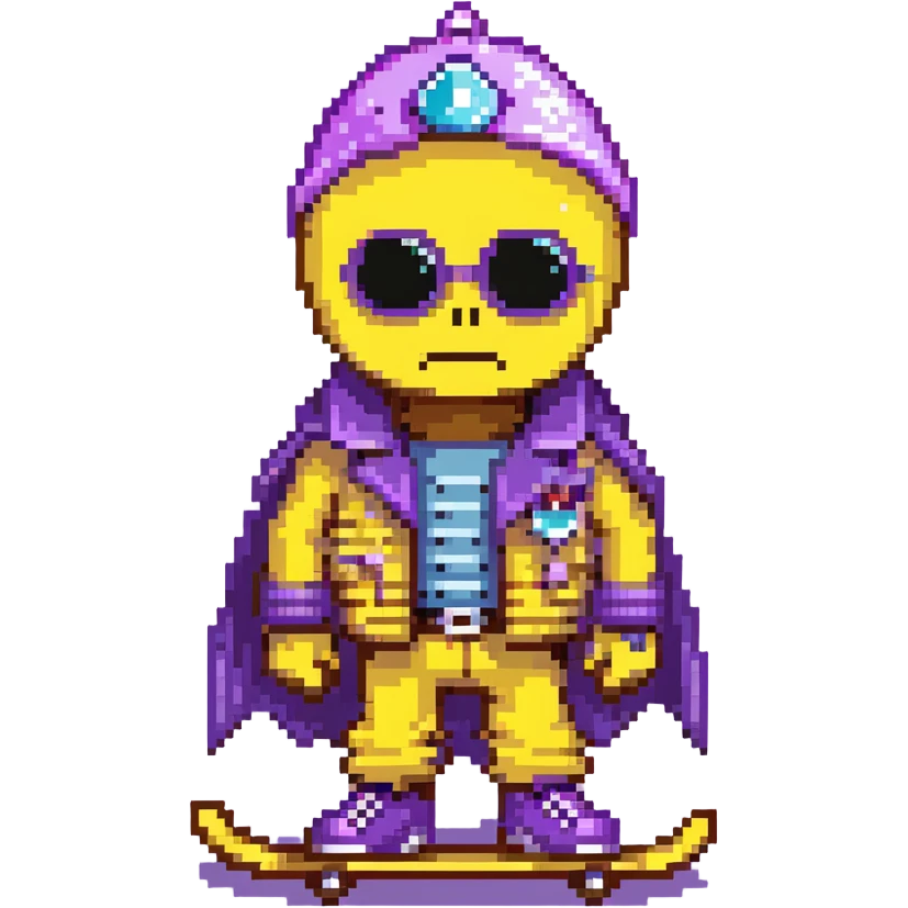 yellow guy showing off his fabulous outfit combining prince, alien, terminator, skater, skiier, and wizard elements, making a weird face, stylish and fabulous emoji