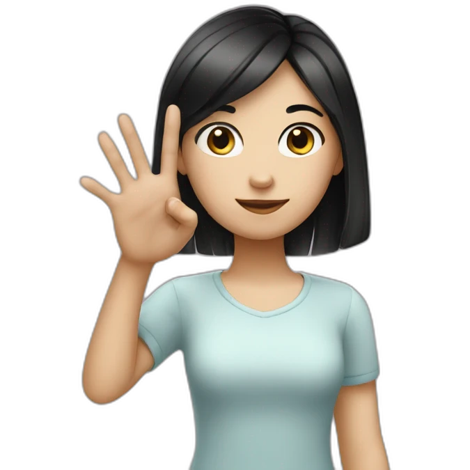 Small white skin black haired girl showing three fingers emoji