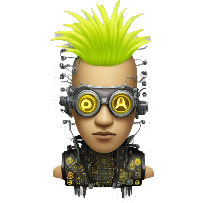 Neon yellow Mohawk hair Asian male cyborg head with silver steampunk goggles and circuits emoji