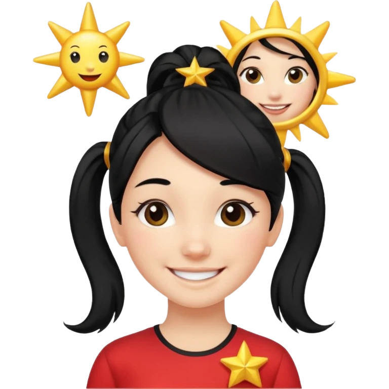 An Emoji of girl with black ponytail hair, who can be described by three words: sun, moo, star emoji