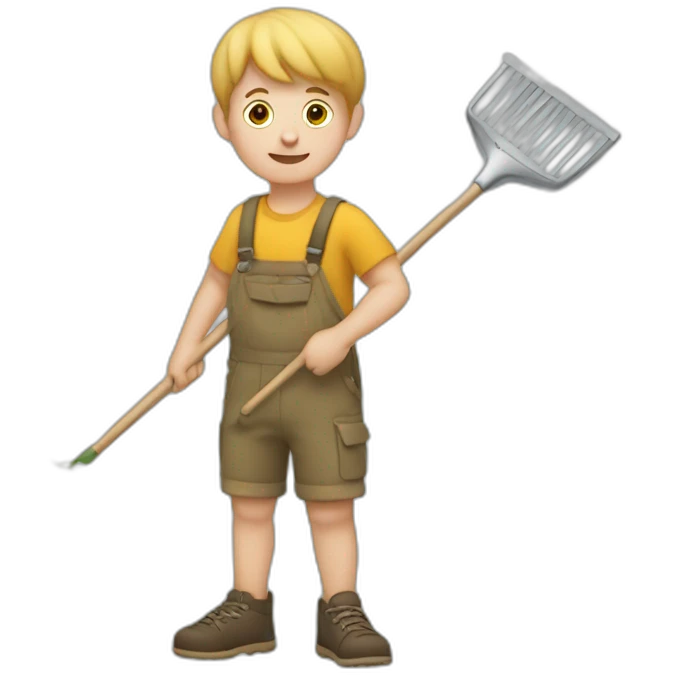 white kid holding a rake with leaves emoji