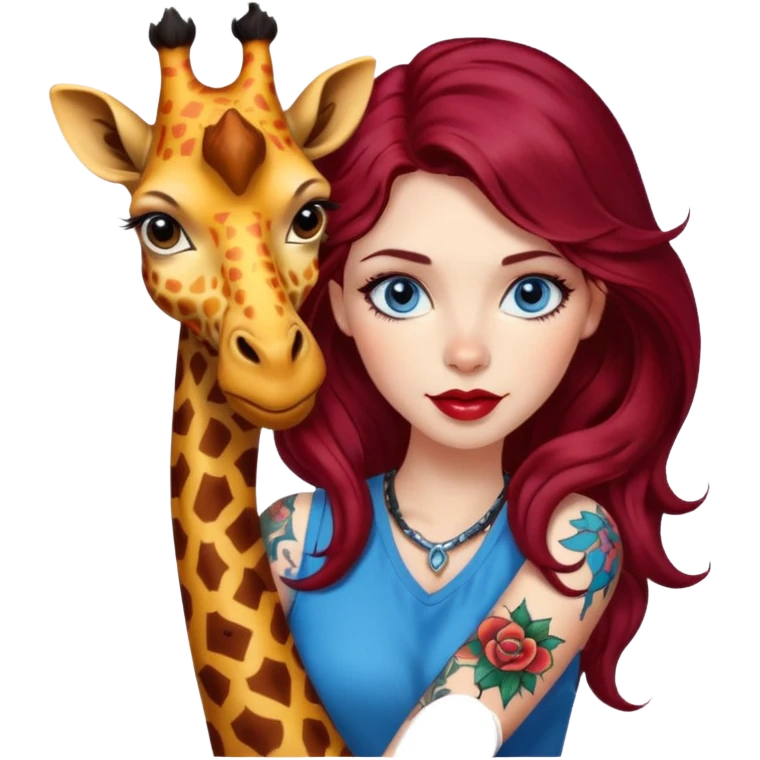  Female long wavy burgundy hair, blue eyes, red lips, tattoo of colorful giraffe on arm emoji