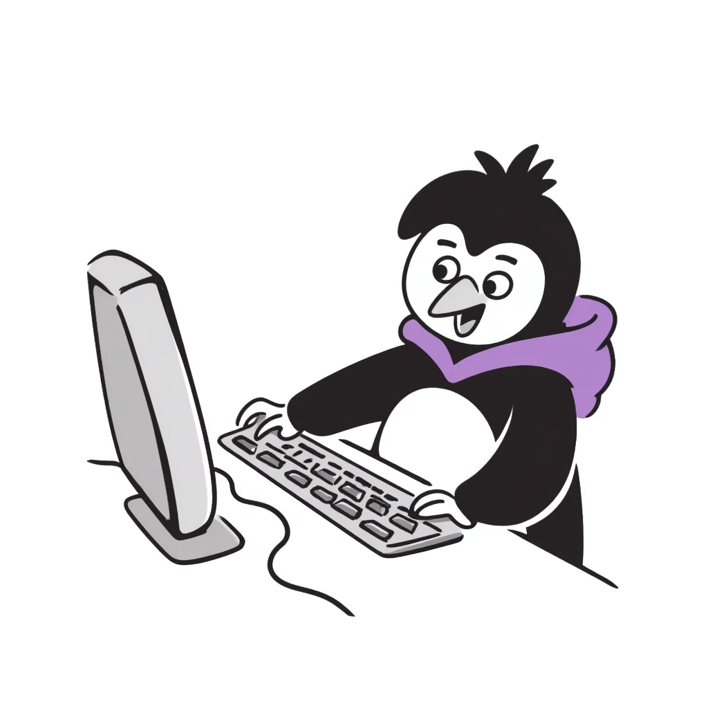 A hand-drawn penguin wearing a purple hoodie typing enthusiastically on a computer keyboard emoji