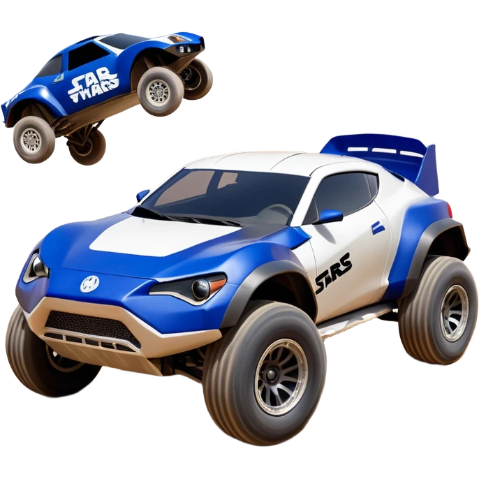 Star Wars storm trooper’s evil darkly night blue Dirty and dented Local Motors Rally Fighter off road race car hot rod meets 2013 scion fr-s trophy truck-style basher flying down a dusty road (silver wheels) emoji