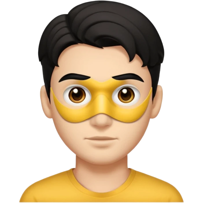 emoji a medio cuarpo, de un joven, con cejas gruesas, nariz medio grande, hombros anchos, sin sonrisa, hombros anchos, cabello medio ondulado con un corte juvenil, cabello negro. ojos negros. emoji