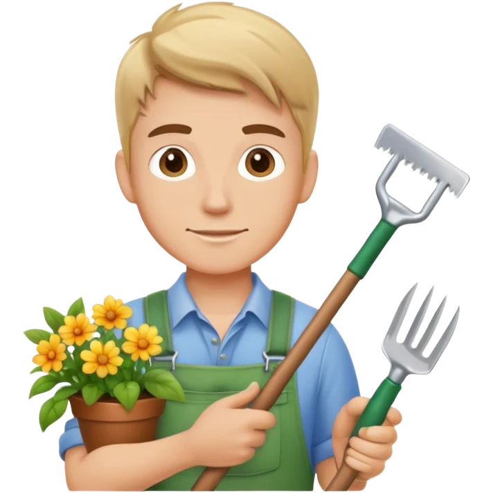 young white male gardener with gardening tools emoji