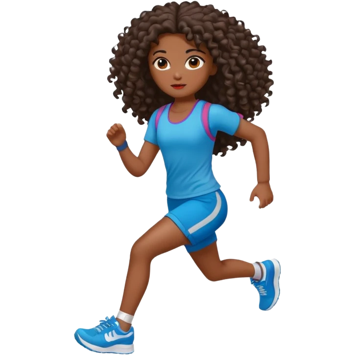 Uma boneca morena escura com olhos castanhos e cabelo cacheado longo até o peito, treinando correndo emoji