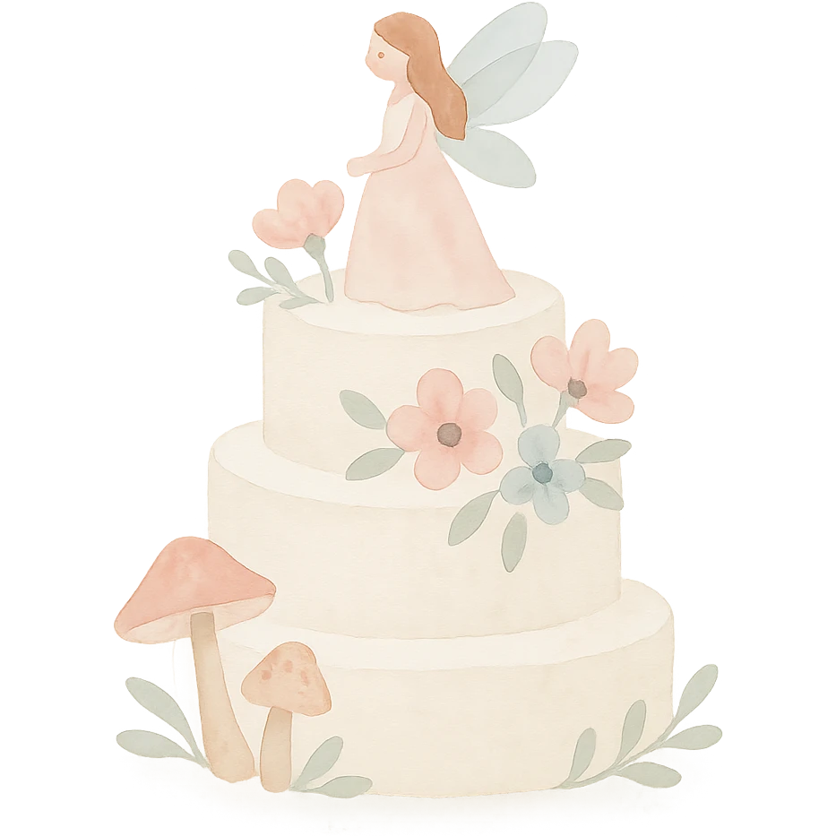 watercolor art illustration of a whimsical fairy wedding cake with flowers and mushrooms, calm pastel colors, white background, designed for sticker printing emoji
