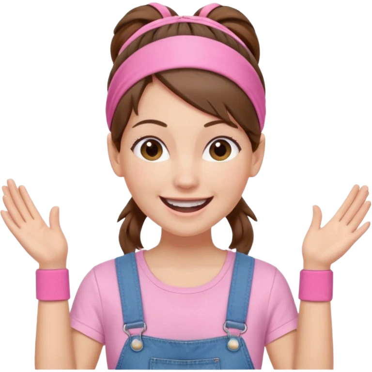 white woman with brown hair  tied together with one elastic pony tail. wearing a light pink thin width headband, Has a pink t-shirt with denim overalls. enthusiastic expression with big smile emoji
