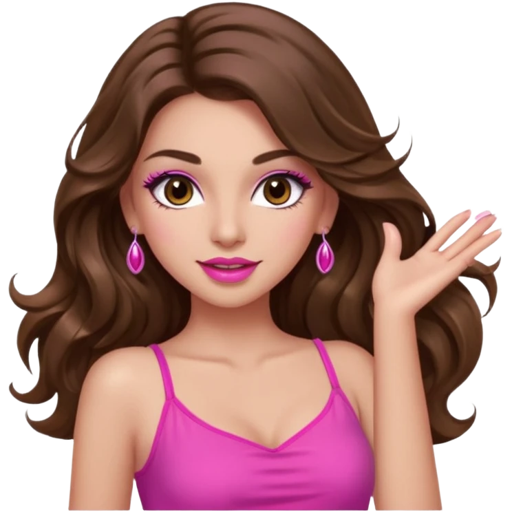 girl with long wavy brown hair, brown eyes, long lashes makeup, sexy pink lips, light to medium complexion, pink sexy top, dancing emoji