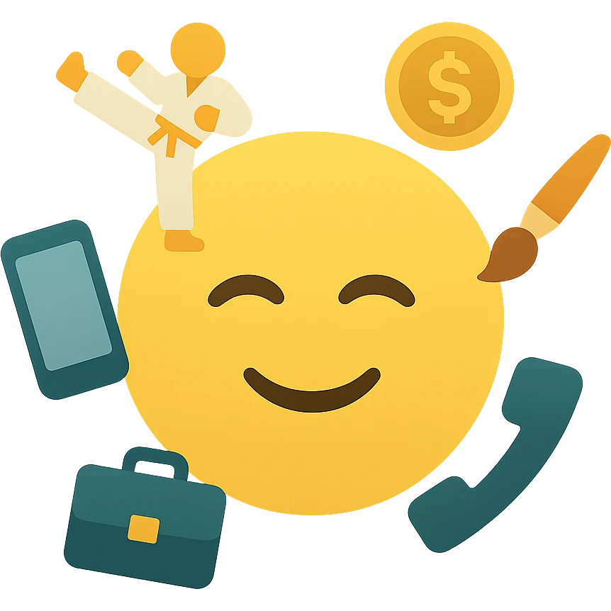 Yellow emoji with karate dogs, a briefcase, money, a phone and a paintbrush flying in its aura emoji
