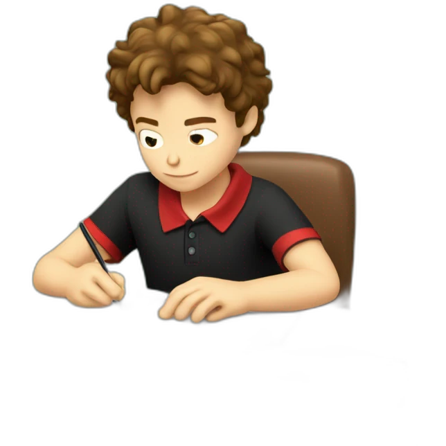 Caucasian-boy-child-shaggy-brown-hair-red-polo-shirt-black-trousers-doing-homework emoji