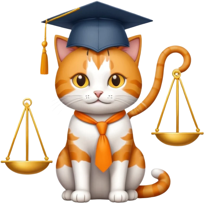 cat with a graduation cap, scales of justice beside it emoji