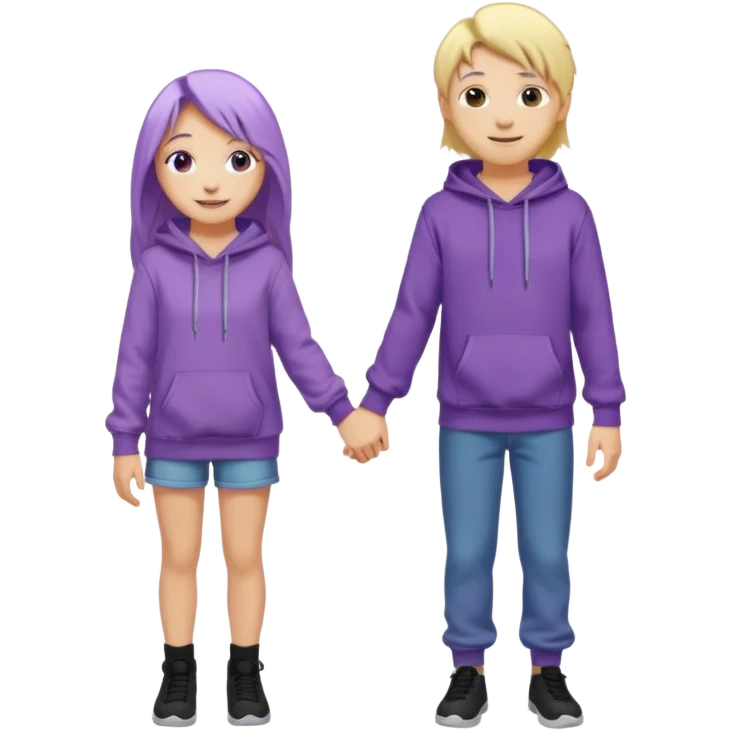 full-length happy couple, girl with long purple hair and gray eyes in lilac hoodie, boy with blonde hair in black hoodie emoji