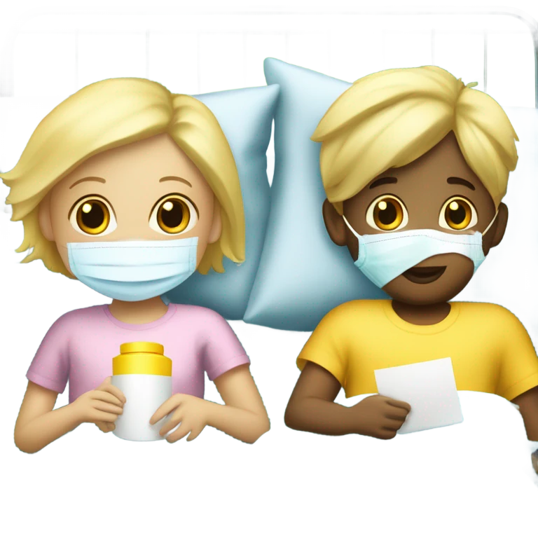 Two blonde children, sick, each in their own bed, wearing surgical masks, one Boy, one girl, at home, get well soon sign with yellow heart emoji
